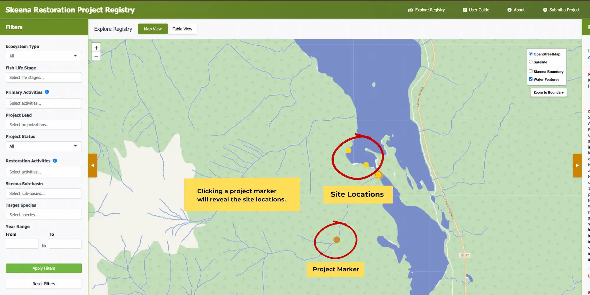 project markers and site locations